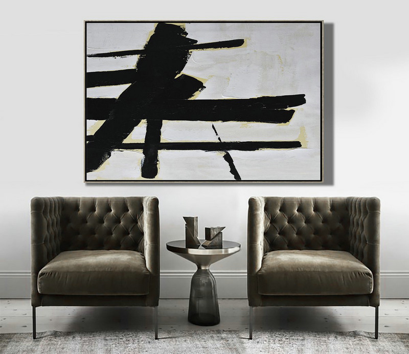 Large Wall Art Canvas,Horizontal Palette Knife Minimal Canvas Art Painting Black White Beige - Original Art Acrylic Painting